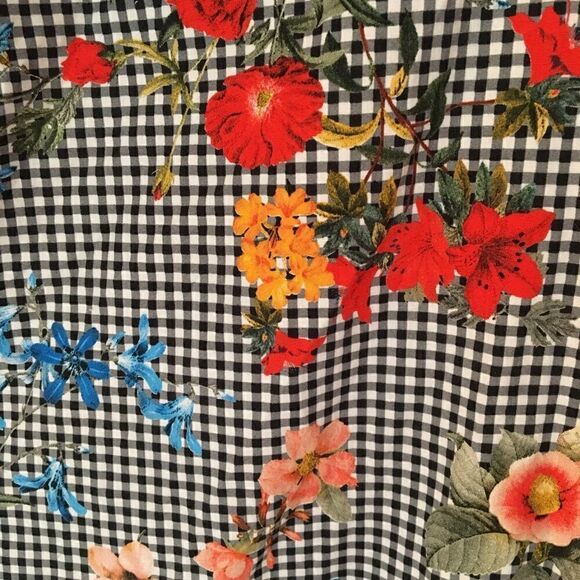 Zara Basic checkered & Liberty floral print mini dress S bell sleeves - Picture 6 of 9